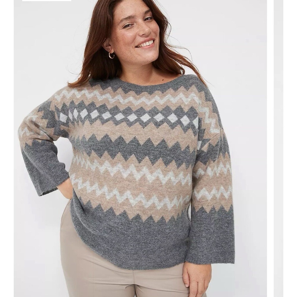 Lane Bryant Sweater Plus Sz 22/24 Bracelet-Sleeve Fair Isle Boatneck Wool Blend